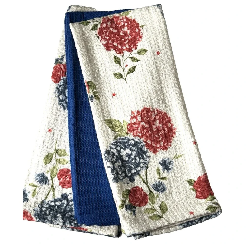Tommy Bahama Kitchen Towels Hydrangea Cotton 18X28 Set of 3 Red White Blue